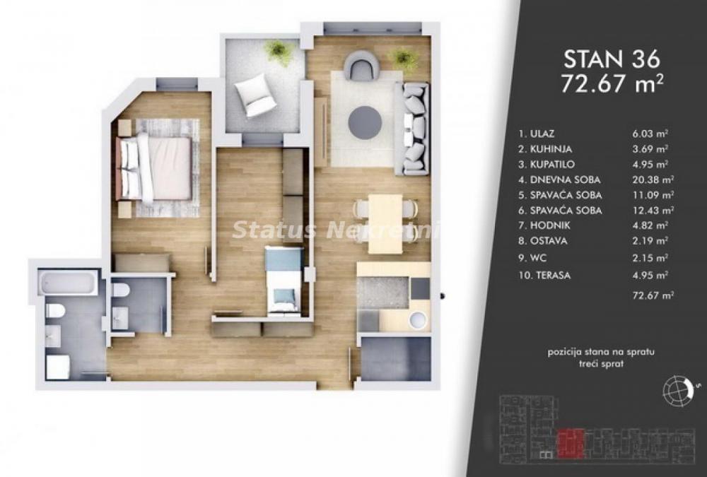 Glavna slika -Centar-Odličan Trosoban stan 73 m2 u Izgradnji-povraćaj PDV-a-065/385 8880