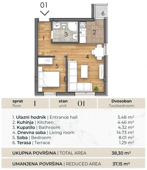 Slika 1 - Dvosoban stan 37m u izgradni Detelinara