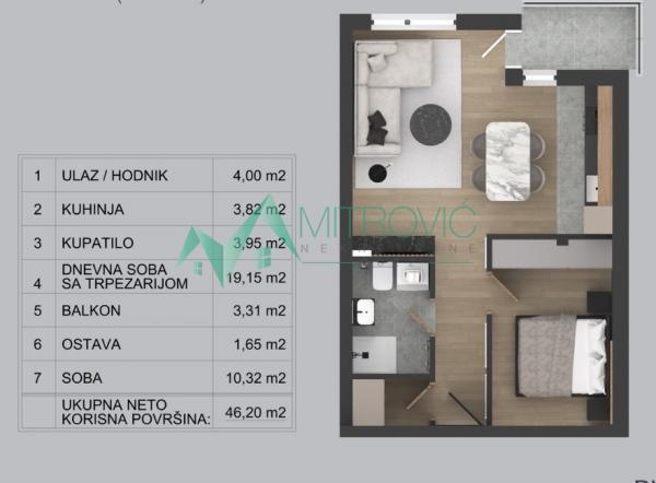 Glavna slika -Novi Sad, Adice - Jednoiposoban stan,  46 m2 