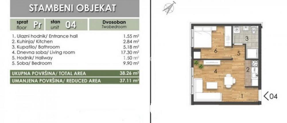 Glavna slika -Južni Telep-Lep Dvosoban stan 37 m2 u Izgradnji-povrat PDV-065/385 8880