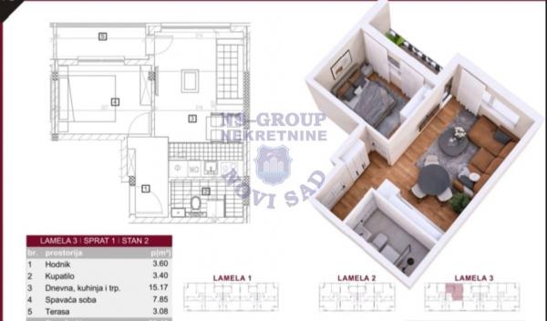 Slika 1 - Jednoiposoban, 34m2, Lipov gaj Novi Sad Novi Sad, sa terasom