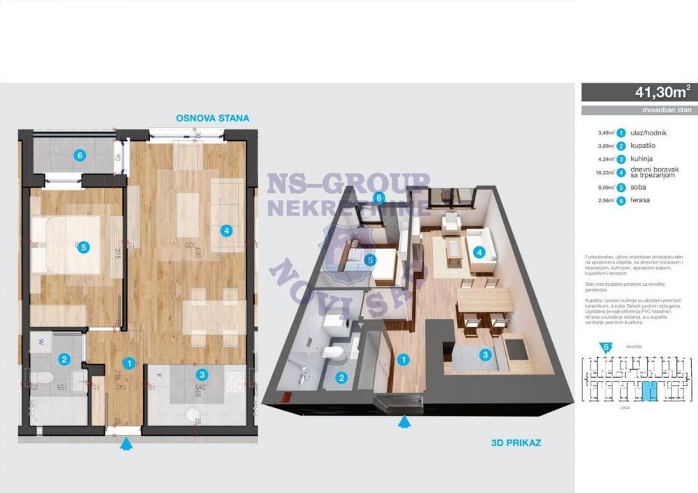 Glavna slika -Dvosoban, 41m2, Bulevar patrijarha Pavla (Somborski bulevar) Novi Sad, sa terasom, ima lift