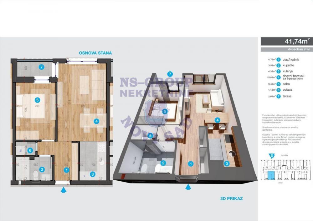 Glavna slika -Dvosoban, 42m2, Bulevar patrijarha Pavla (Somborski bulevar) Novi Sad, sa terasom, ima lift