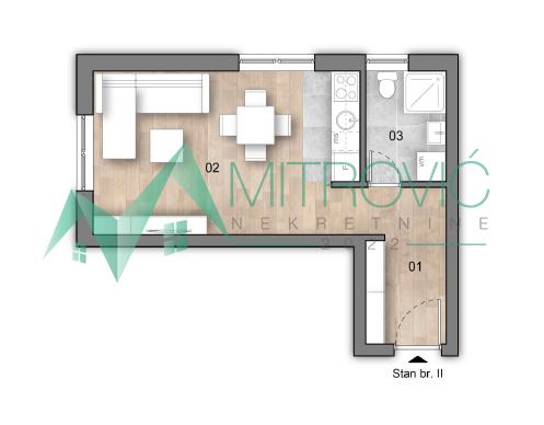 Glavna slika -Jednosoban stan sa dvorišnom terasom i parkingom, 28m², 1750€/m²!!!(Šifra:1004530)
