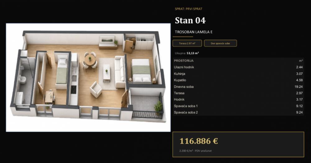 Glavna slika -Dvoiposoban stan 53m u izgradnji Adice
